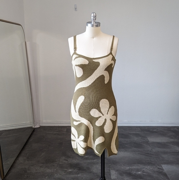 NWOT Miss Sparkling Floral Knit Sweater Tank Dress Green L fall retro hippie - Picture 3 of 10